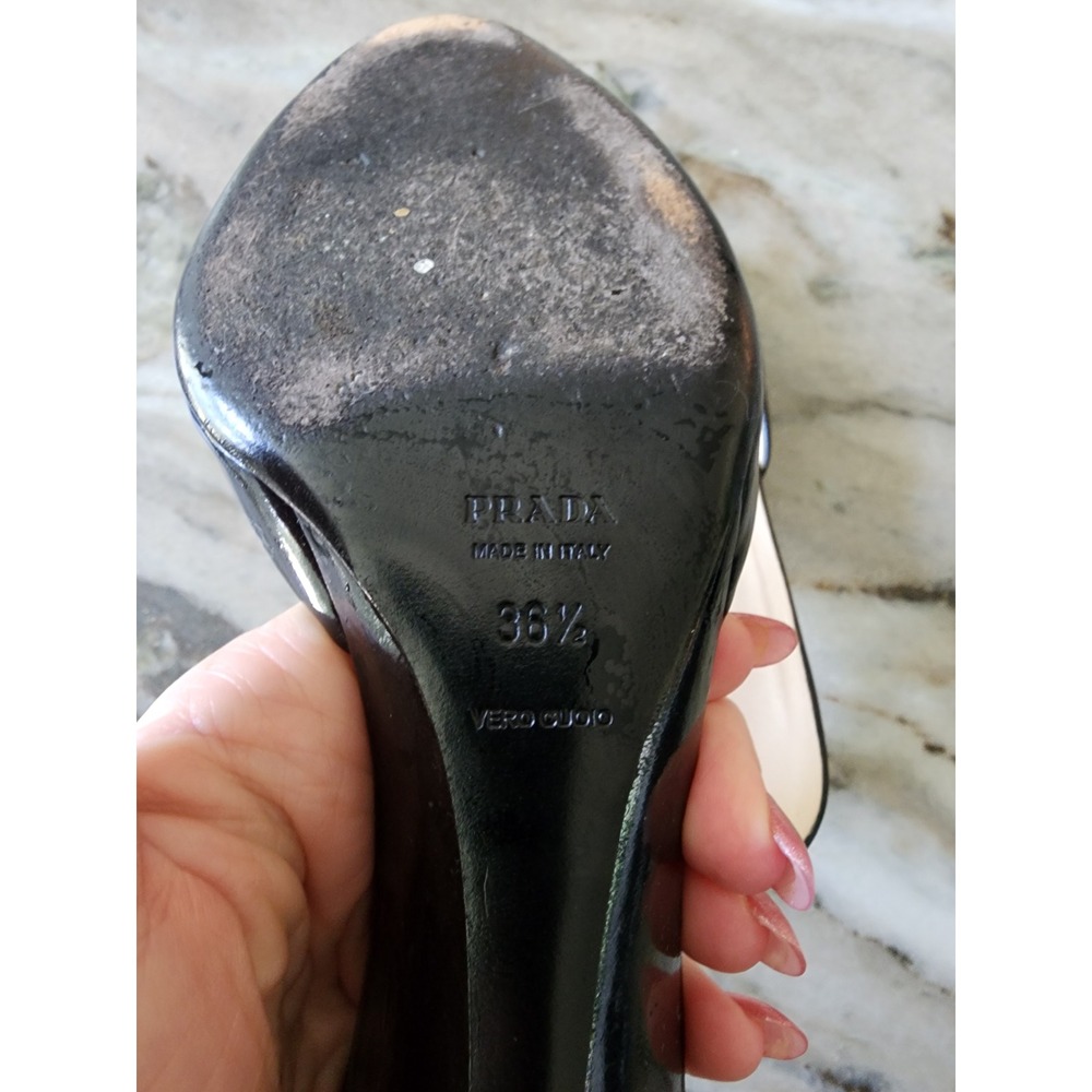 Vintage Prada Black Patent Leather Open Toe Kitten Heel Mules Sandals Size 36.5 - Picture 8 of 12